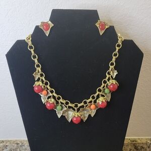 1928: Vintage Gold-Tone Ivy Leaf in Fall Colors Necklace & Earring Set